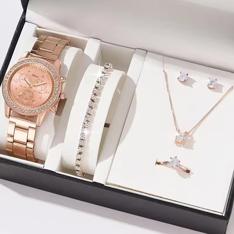 Luxury Women’s Diamond Quartz Watch & Jewelry Set – 4PCS