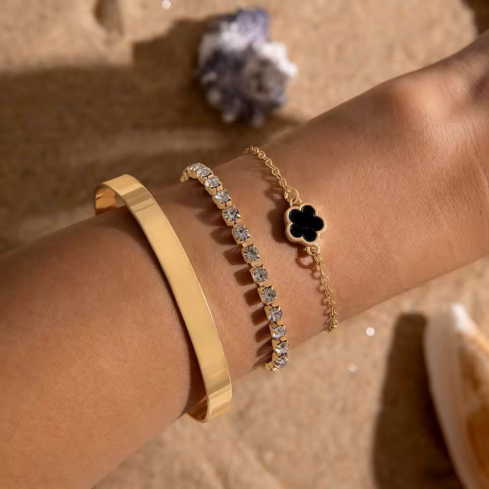 3Pcs Boho Gold Rhinestone Bracelet Set for Women – Minimalist Jewelry