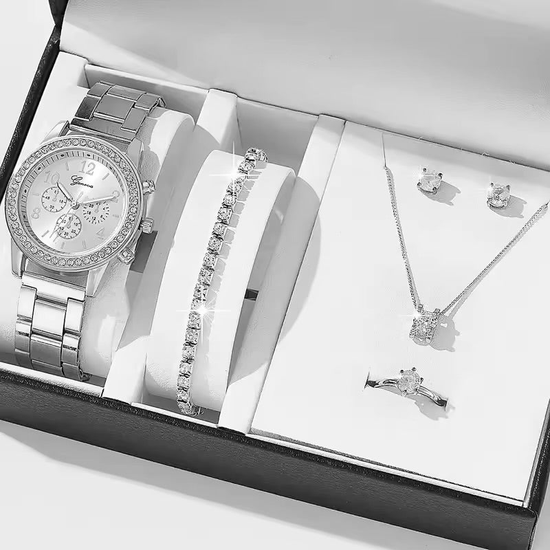Luxury Women’s Diamond Quartz Watch & Jewelry Set – 4PCS