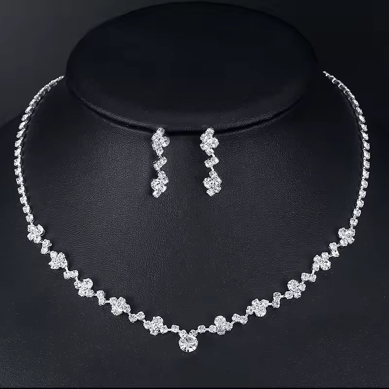 Elegant Bridal Jewelry Set – Silver Crystal Choker, Earrings & Bracelet