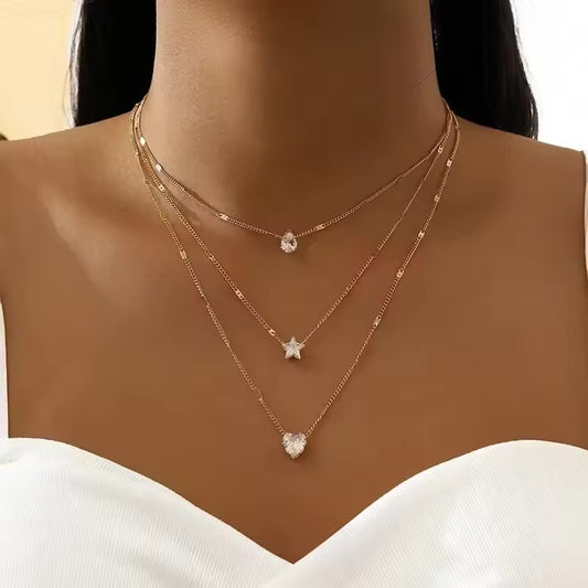 Layered Pendant Necklace for Women – Crystal Heart & Star Charms | Vintage Style
