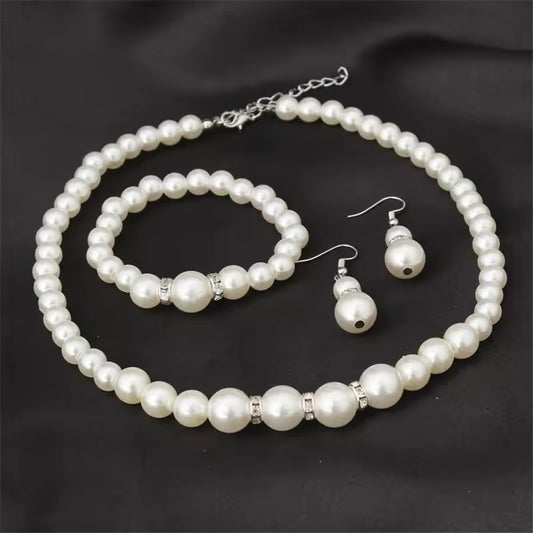 Elegant Simulated Pearl Jewelry Set for Women – Necklace, Earrings & Bracelet | Wedding & Party Gift