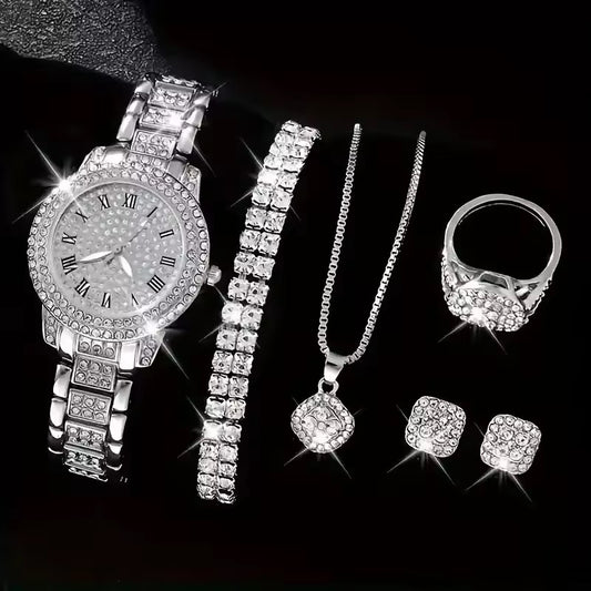 6PCS Women’s Luxury Quartz Watch & Bracelet Set – Roman Dial Design
