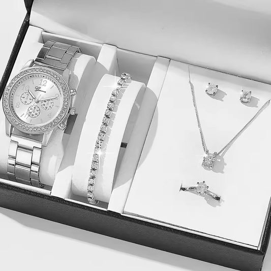 Luxury Women’s Diamond Quartz Watch & Jewelry Set – 4PCS