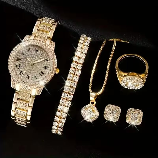6PCS Women’s Luxury Quartz Watch & Bracelet Set – Roman Dial Design
