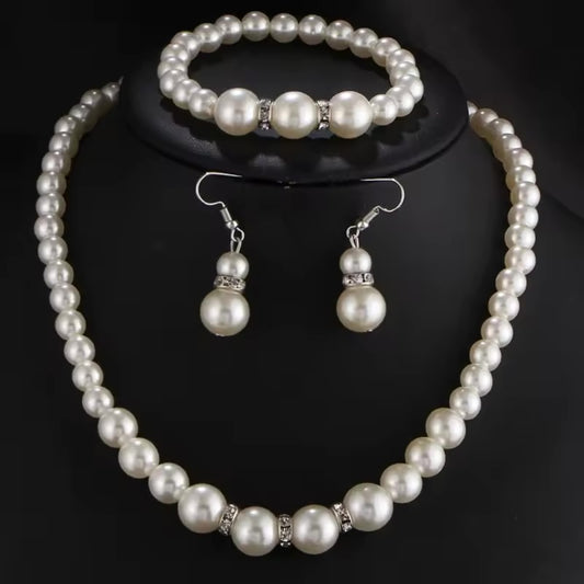Elegant Simulated Pearl Jewelry Set for Women – Necklace, Earrings & Bracelet | Wedding & Party Gift