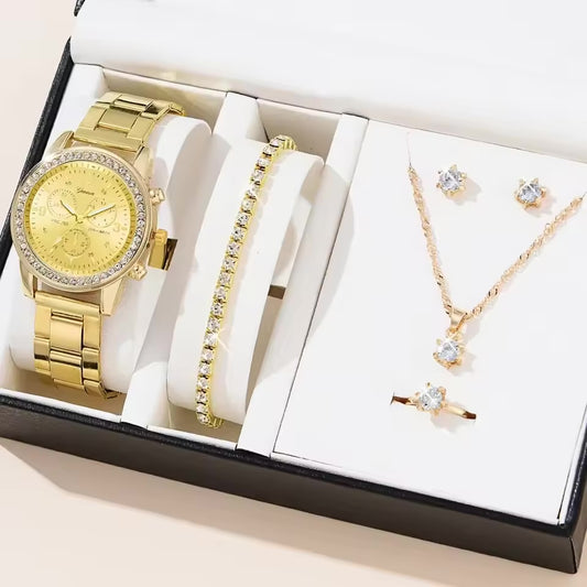Luxury Women’s Diamond Quartz Watch & Jewelry Set – 4PCS